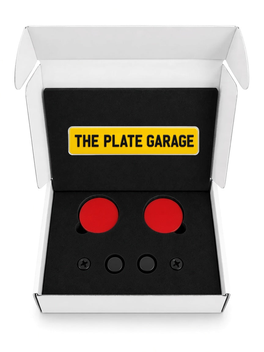 Number plate magnet mounting kit in a white gift box with The Plate Garage logo